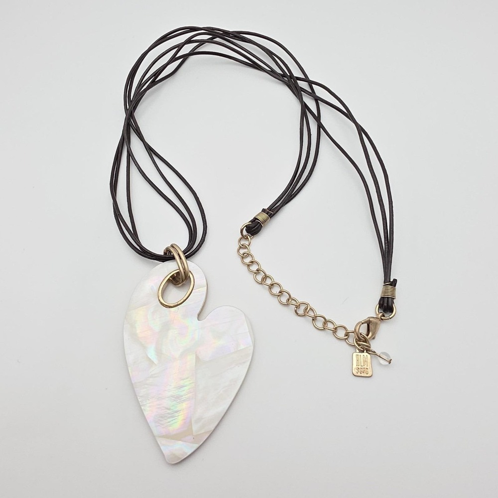 Vtg RLM SOHO Heart Necklace Mother of‎ Pearl Iridescent Black Leather Cords 26"